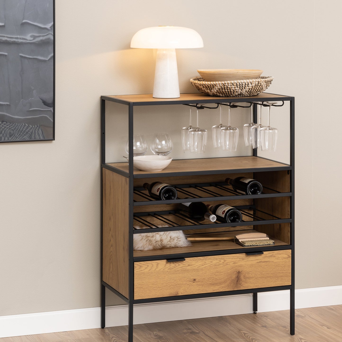 Cote | Furniture Seaford Bar Cabinet, 1 Draw, Bottle Rack + Glass Holder - Black & Oak Seaford, Cupboards 90A0000099862