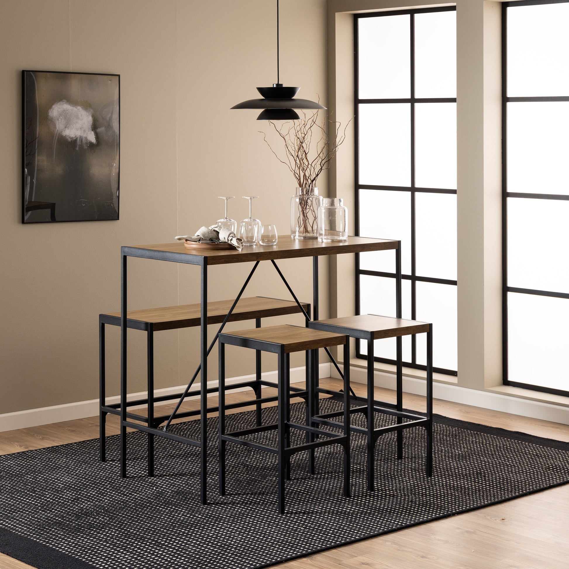 Cote | Furniture Bahamas Bar Table Set - Oak & Black (Inc Bar Table + 2 Bar Stools + Bench) Bahamas, Bar Tables 90A0000102583