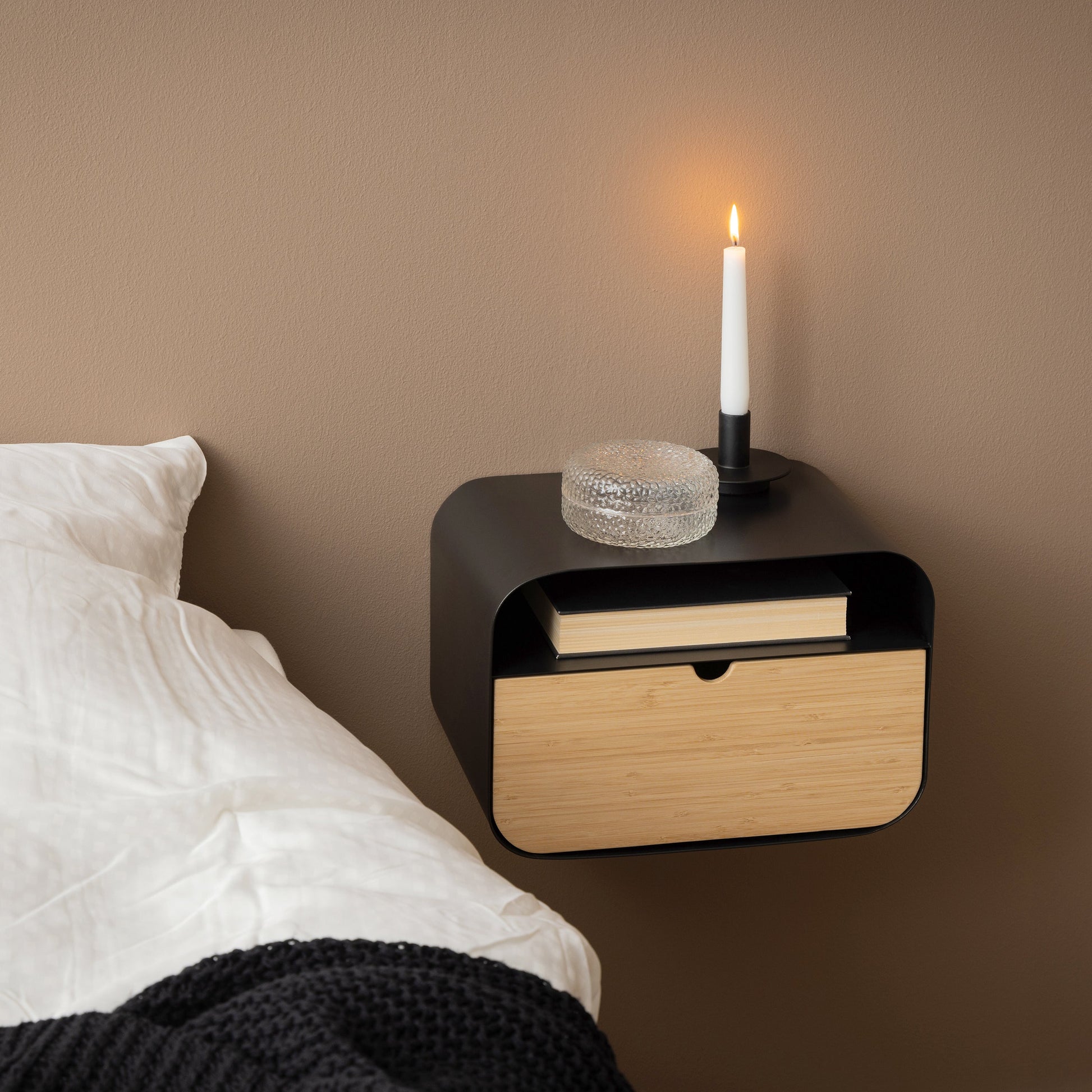 Cote | Furniture Joliet Bedside Table, Wall Mounted - Black & Bamboo Joliet, Bedside Tables 90A0000102972