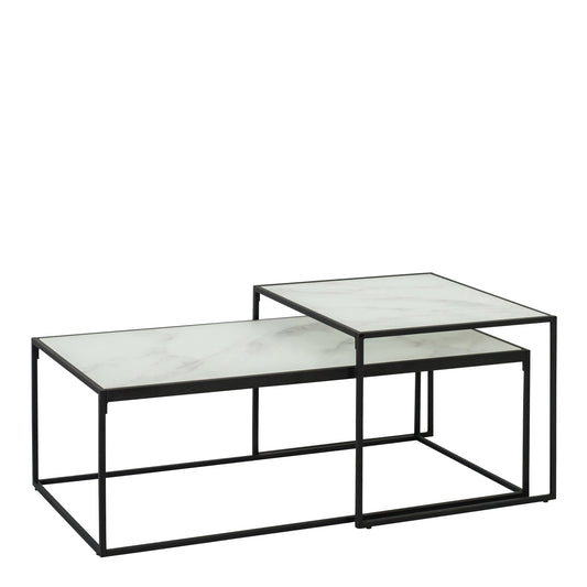 Cote | Furniture Bolton Coffee Table Set with White Marble Effect Glass Top - Black (Set of 2) Bolton, Coffee Tables 90AH000017781