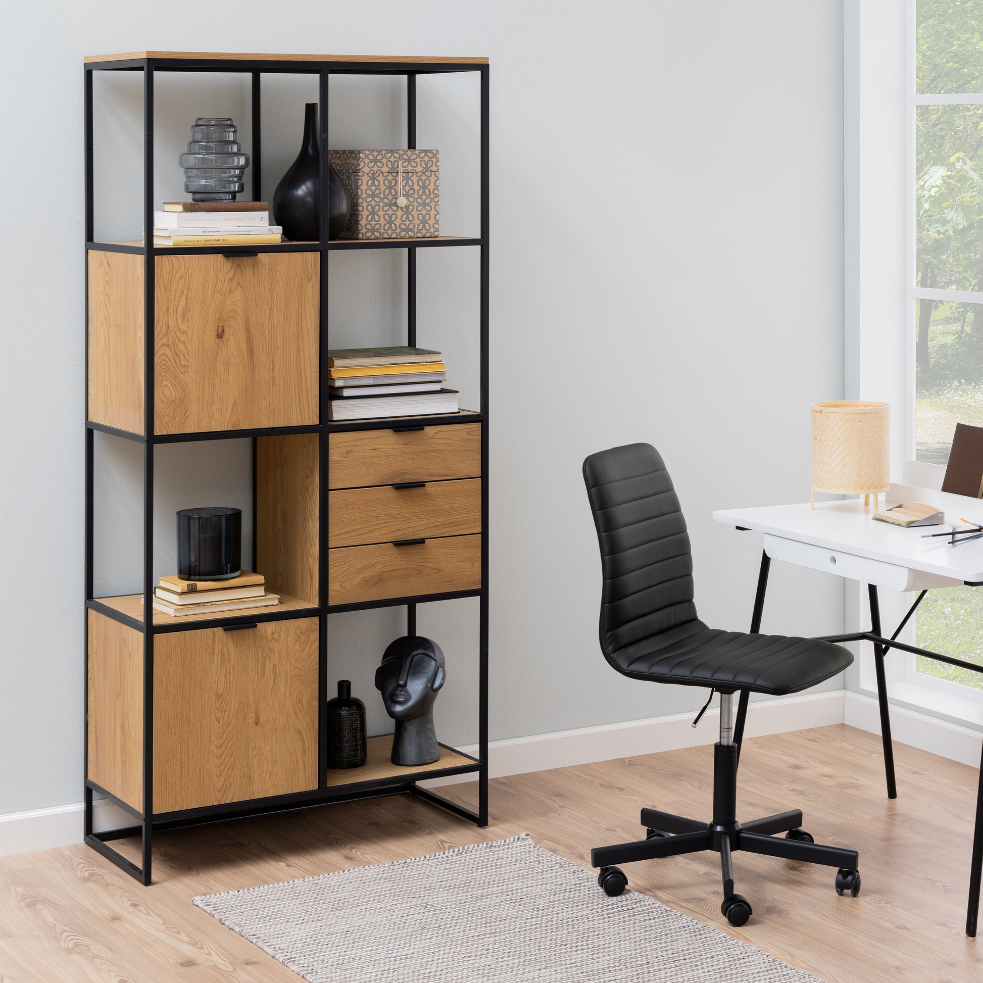 Cote | Furniture Swindon Bookcase, 2 Door + 3 Drawer + 2 Shelves - Black Swindon, Bookcases 90AH000022078