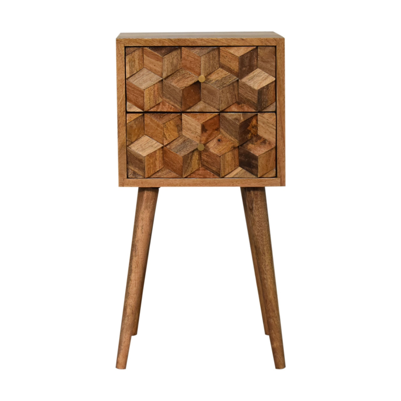 Cote Furniture | Small Cube Carved 2 Drawer Bedside Table - Oak Compact, Bedside Tables IN1737