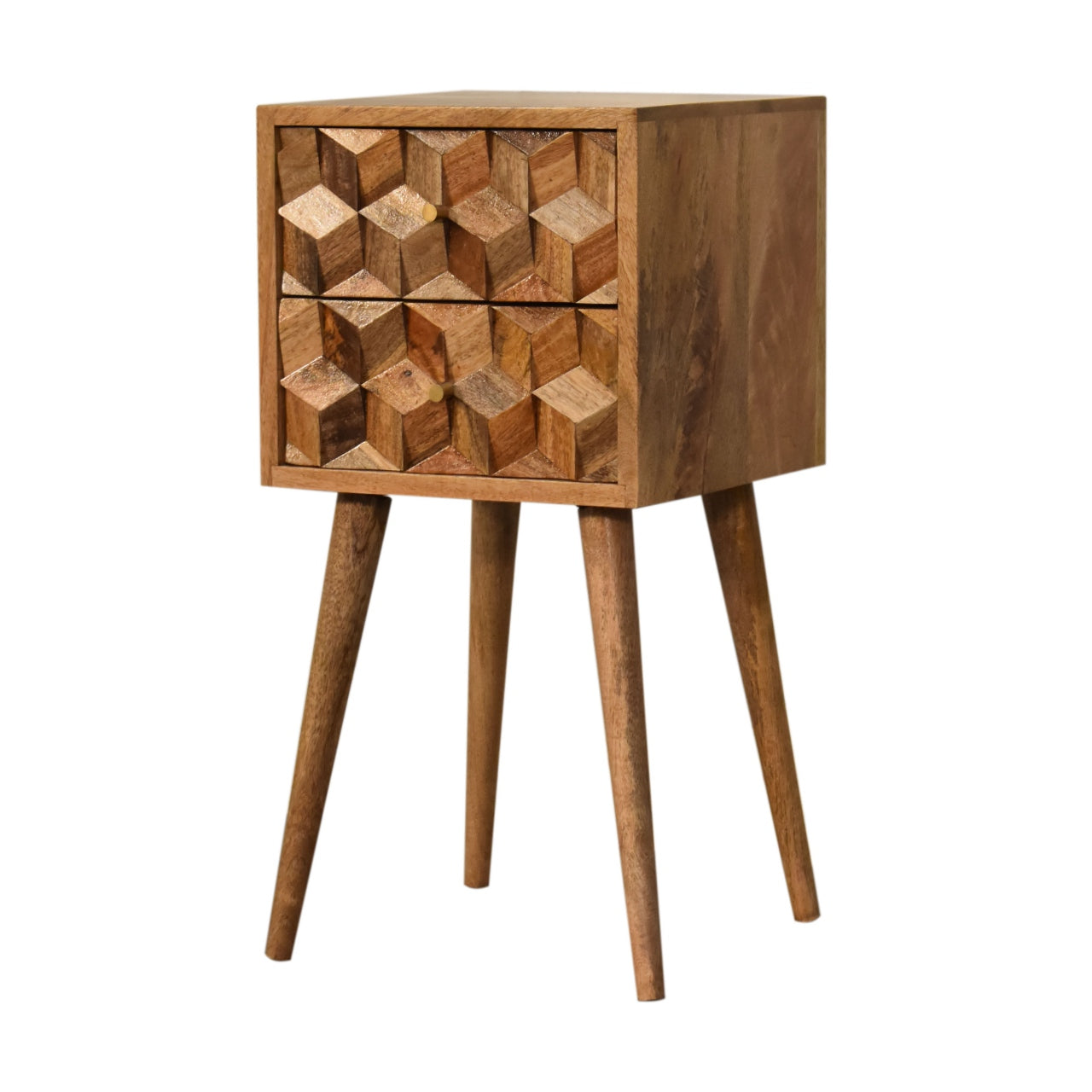 Cote Furniture | Small Cube Carved 2 Drawer Bedside Table - Oak Compact, Bedside Tables IN1737