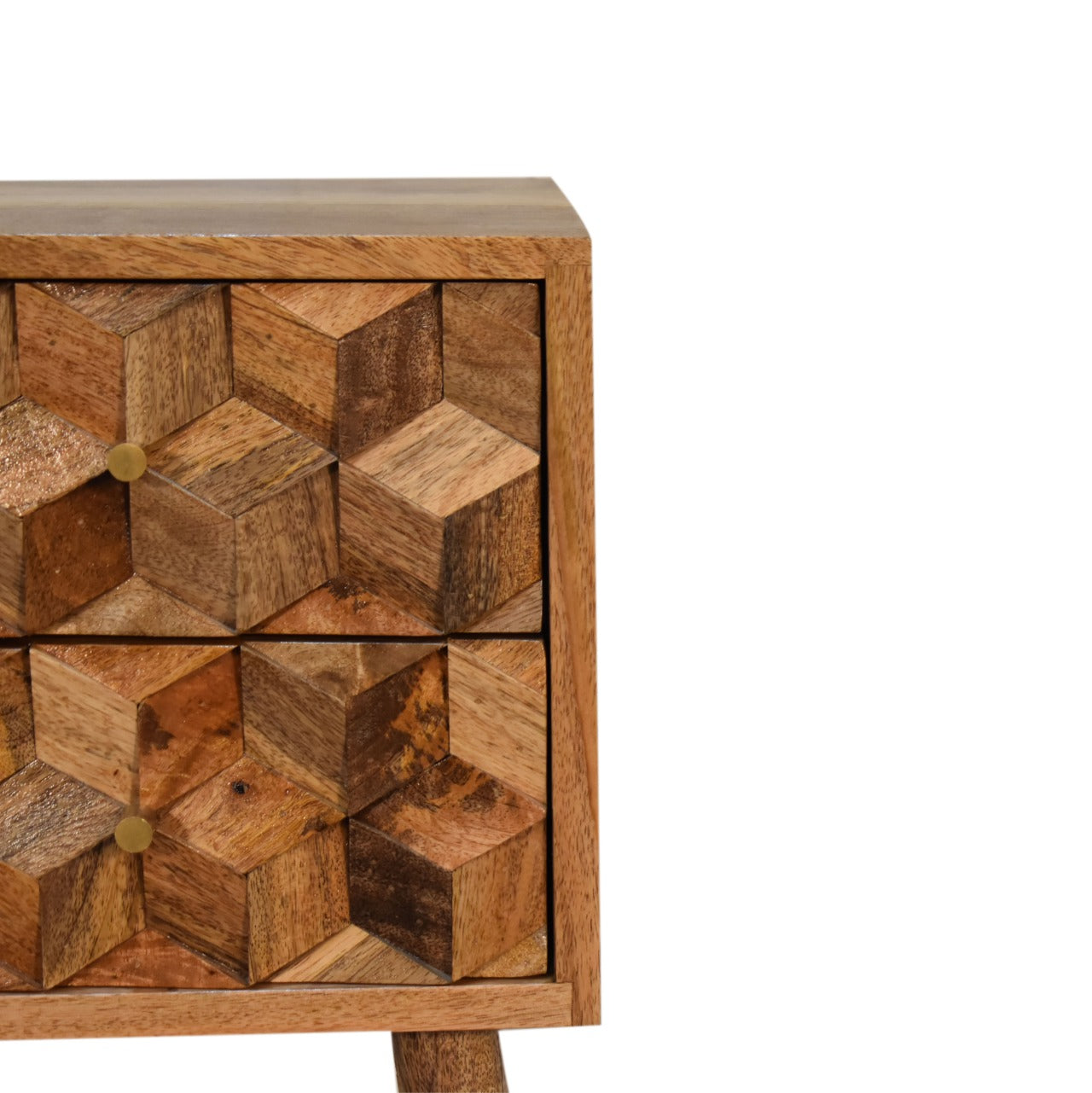 Cote Furniture | Small Cube Carved 2 Drawer Bedside Table - Oak Compact, Bedside Tables IN1737