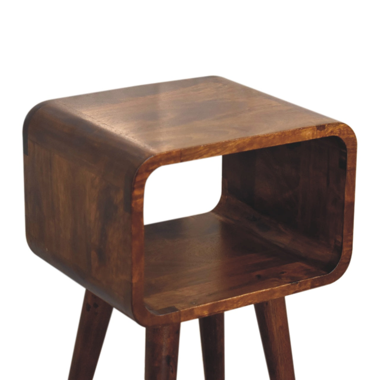 Cote Furniture | Small Curved Open Bedside Table - Chestnut  Compact, Curved, Bedside Tables IN3311