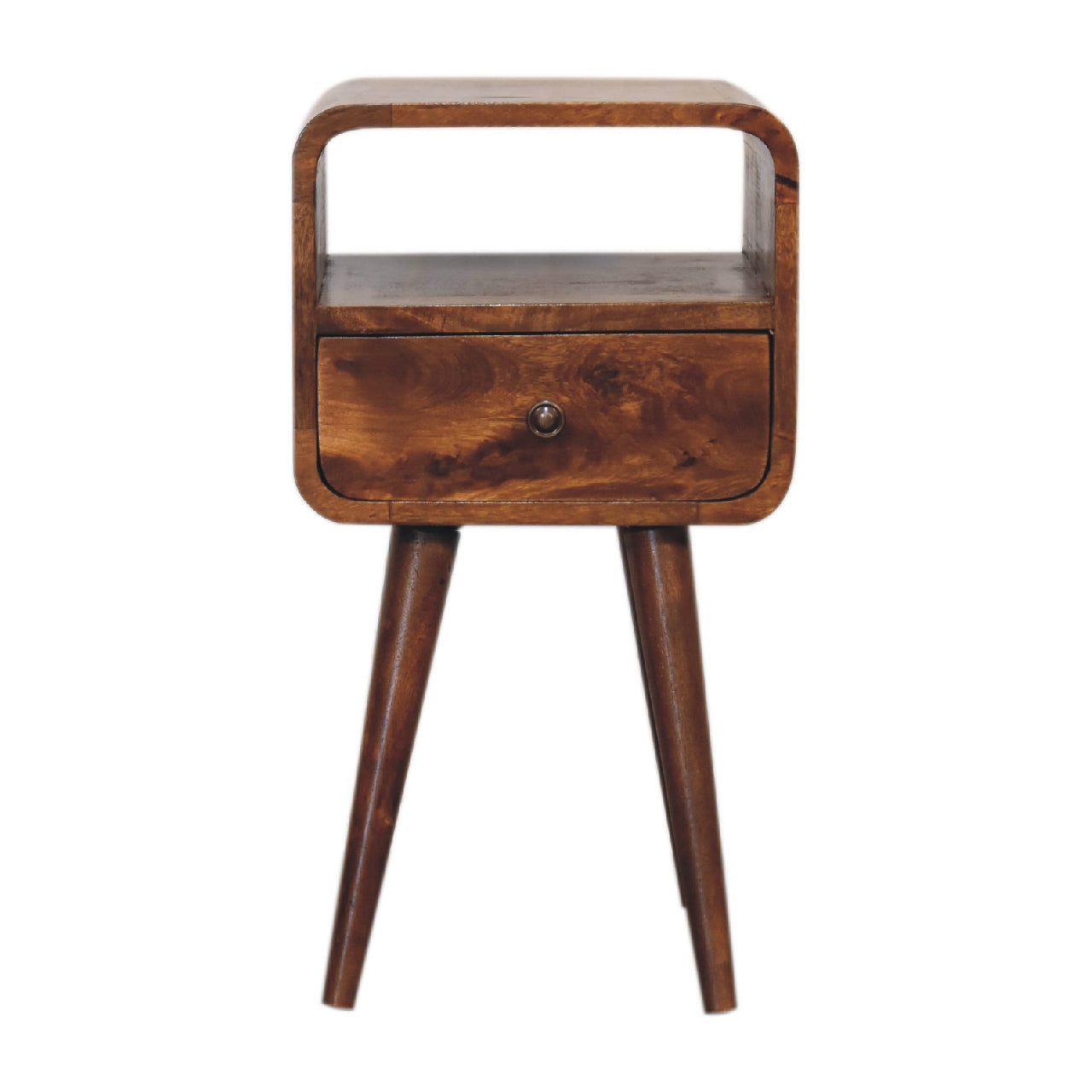 Cote Furniture | Small Curve Open Bedside Table - Chestnut  Compact, Curved, Bedside Tables IN3313