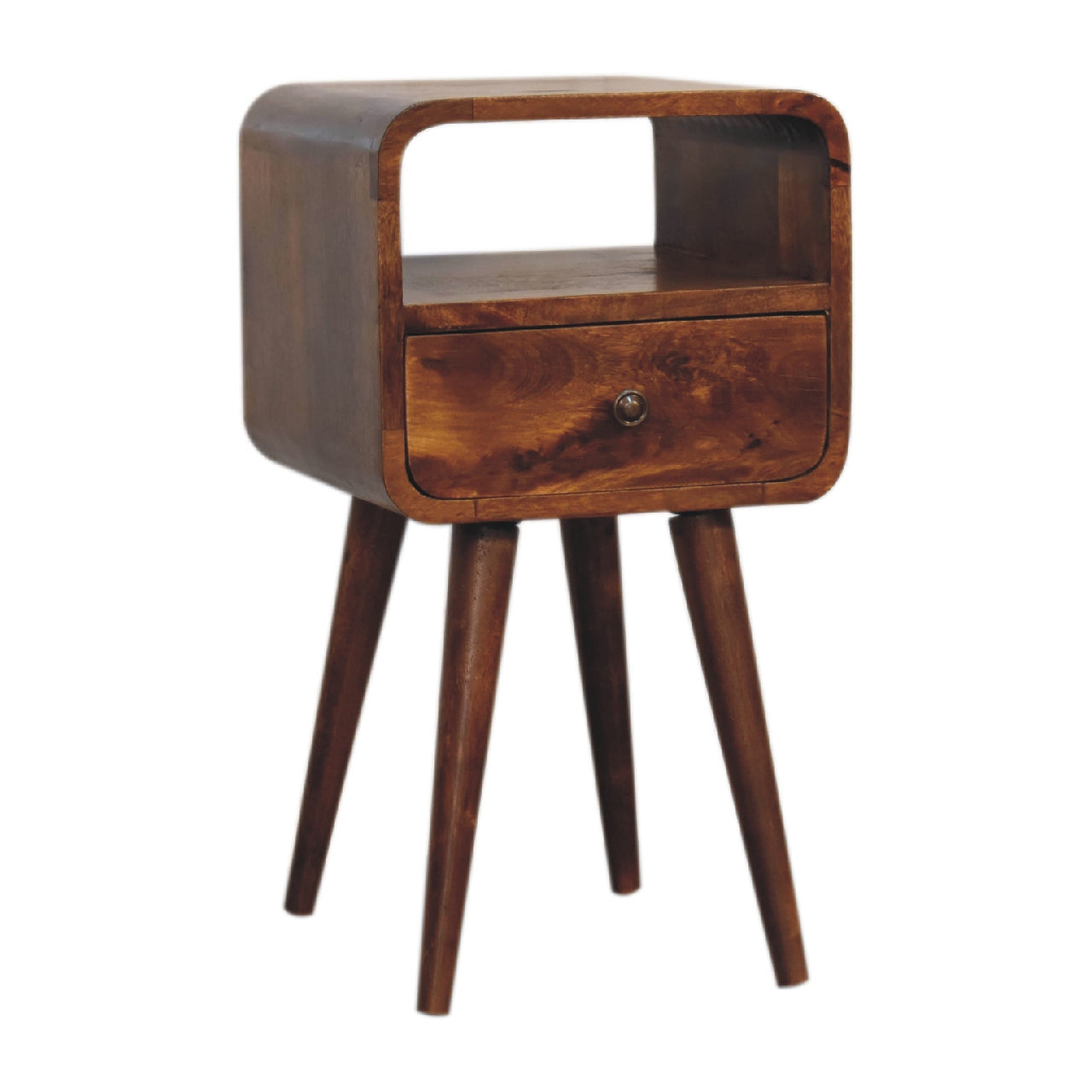 Cote Furniture | Small Curve Open Bedside Table - Chestnut  Compact, Curved, Bedside Tables IN3313