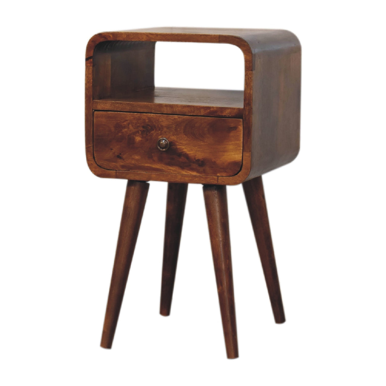 Cote Furniture | Small Curve Open Bedside Table - Chestnut  Compact, Curved, Bedside Tables IN3313