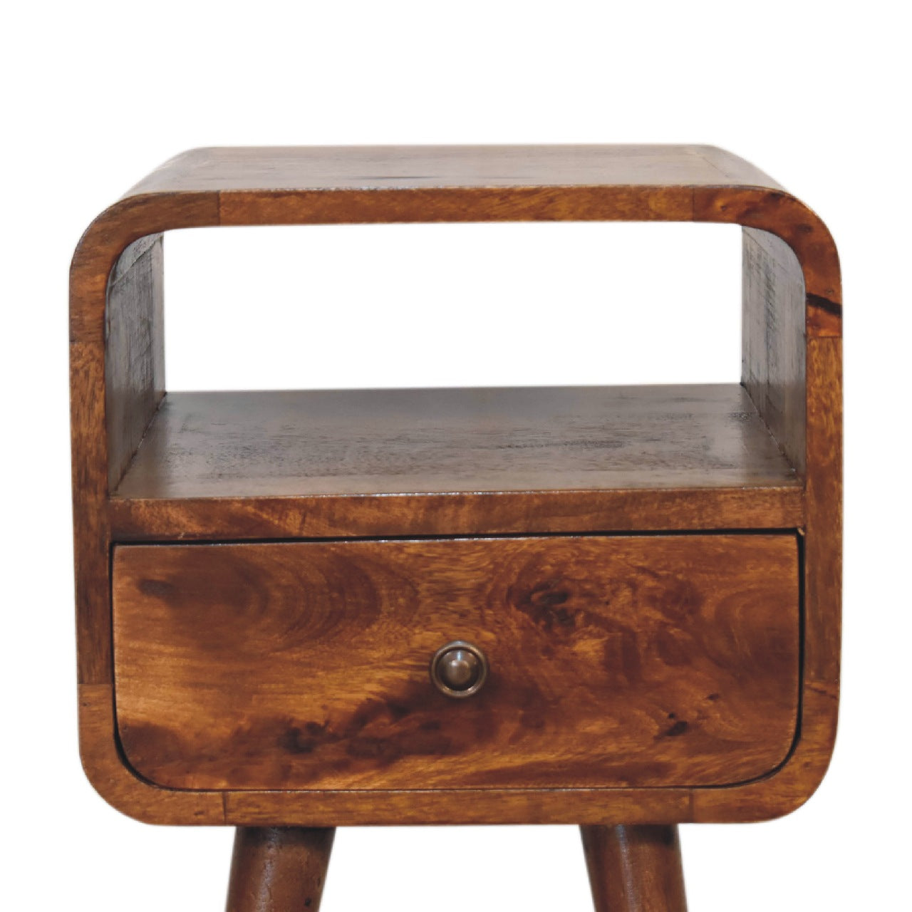 Cote Furniture | Small Curve Open Bedside Table - Chestnut  Compact, Curved, Bedside Tables IN3313