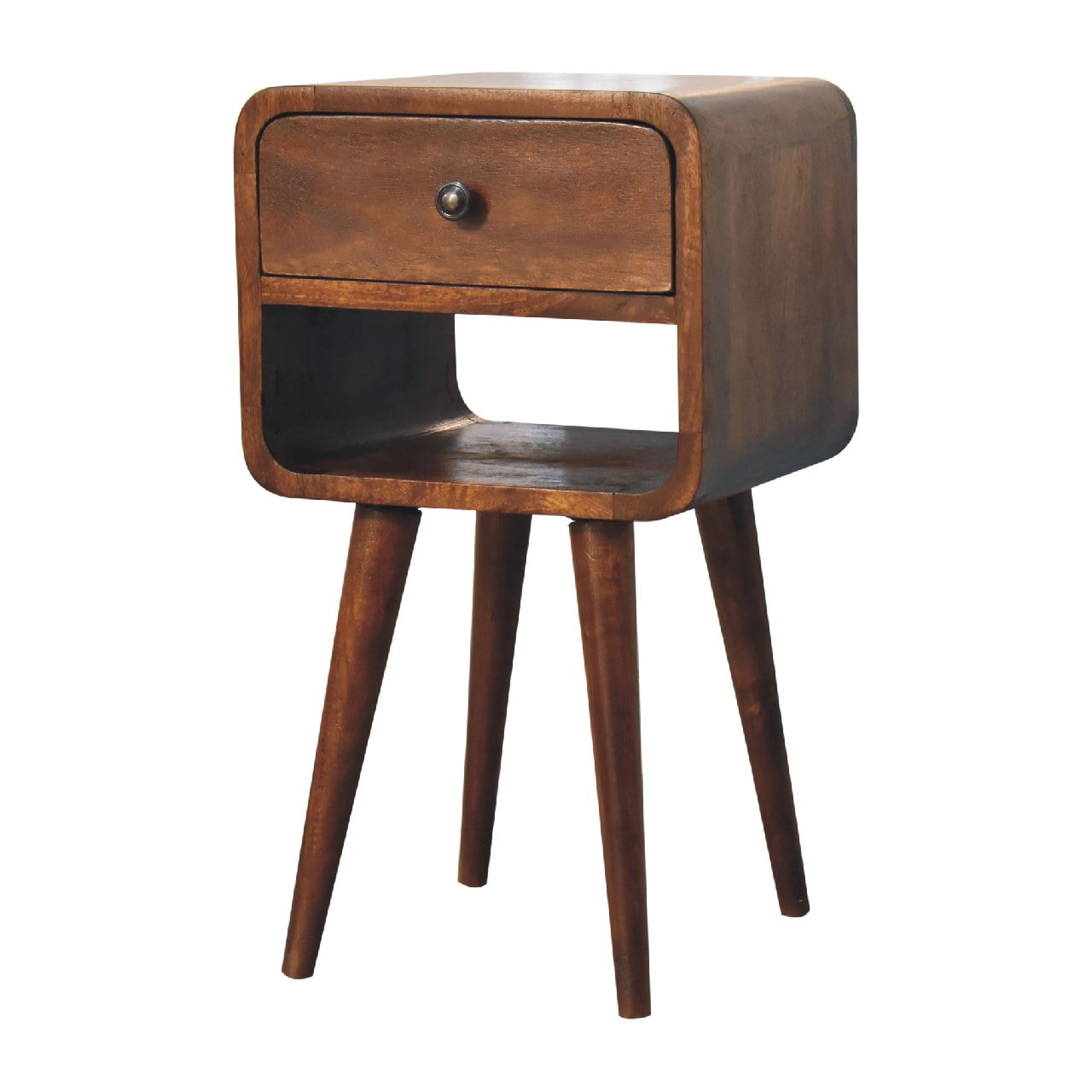 Cote Furniture | Small Curved Lower Bedside Table - Chestnut  Compact, Curved, Bedside Tables IN3350