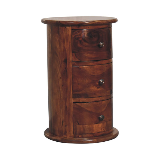 Cote Furniture | Sheesham Drum Side Table 3 Drawer - Honey Chest of Drawers, Bedside Tables, Side Tables IN3449