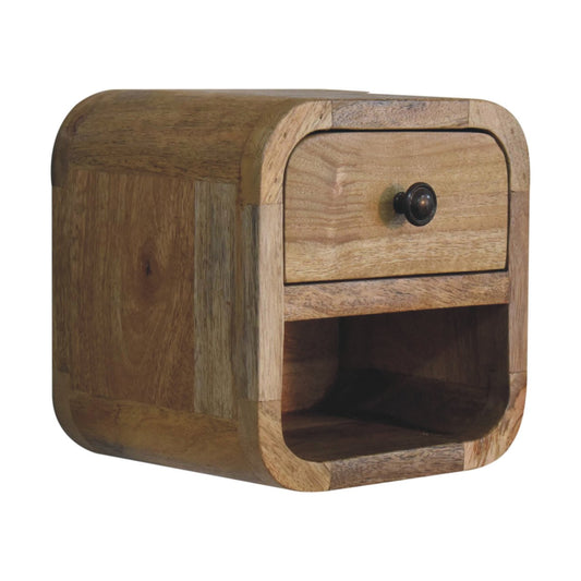 Cote Furniture | Compact Curved Oak Bedside Table with Open Slot - Oak Ultra-Compact, Curved, Bedside Tables IN3892