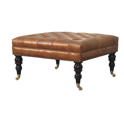 Cote Furniture | Studded Buffalo Tan Leather Ottoman with Castors Footstools IN3925