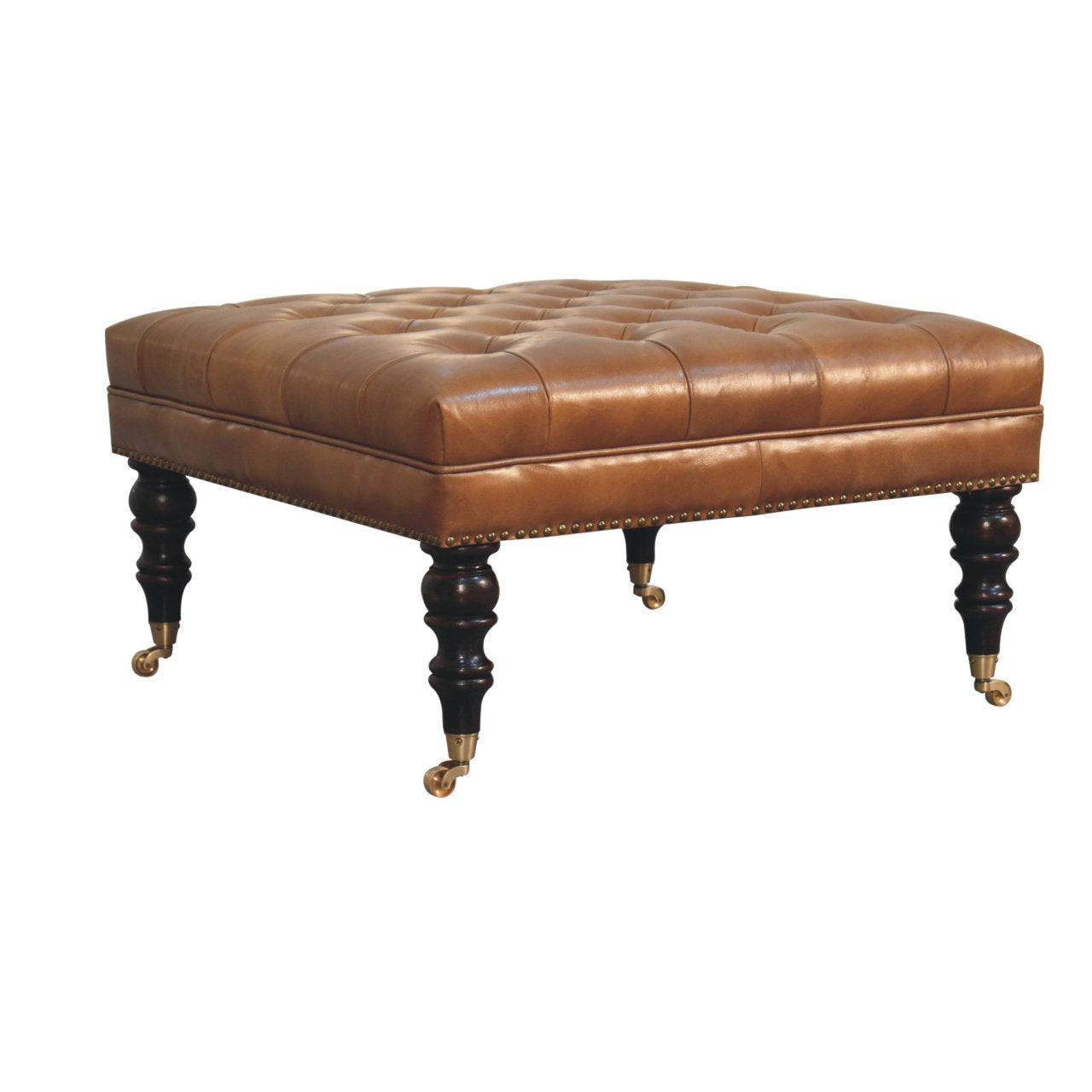 Cote Furniture | Studded Buffalo Tan Leather Ottoman with Castors Footstools IN3925