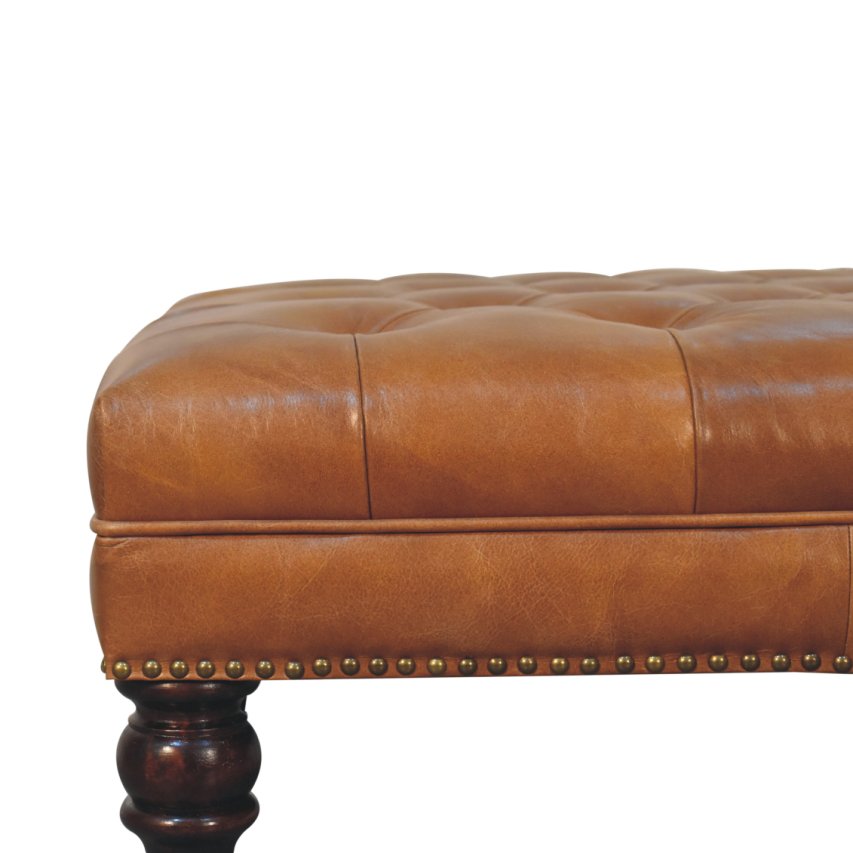 Cote Furniture | Studded Buffalo Tan Leather Ottoman with Castors Footstools IN3925