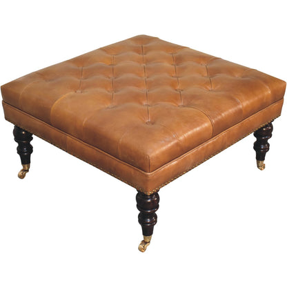 Cote Furniture | Studded Buffalo Tan Leather Ottoman with Castors Footstools IN3925