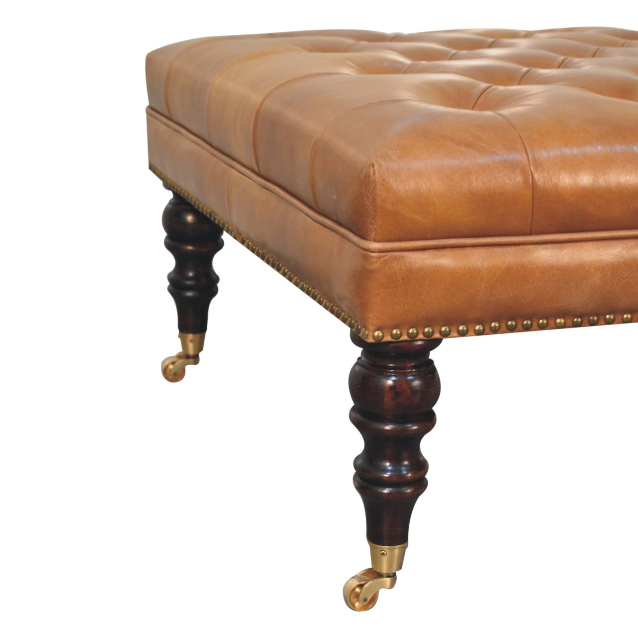 Cote Furniture | Studded Buffalo Tan Leather Ottoman with Castors Footstools IN3925