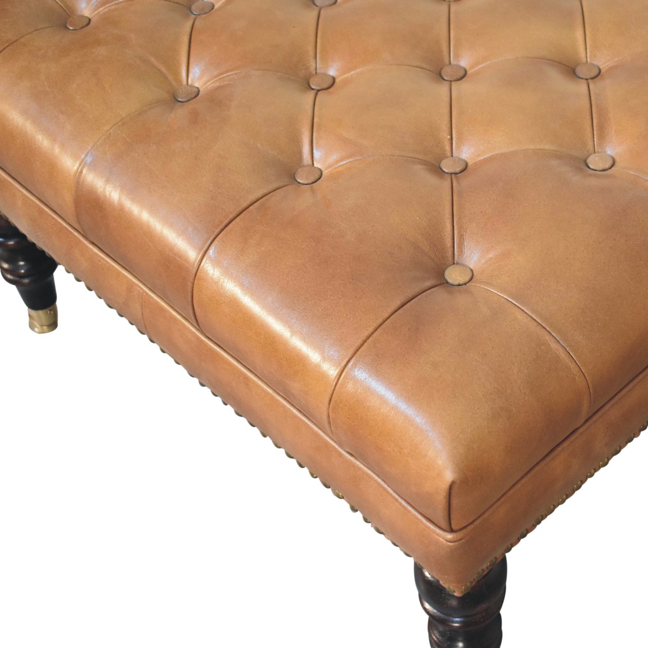 Cote Furniture | Studded Buffalo Tan Leather Ottoman with Castors Footstools IN3925