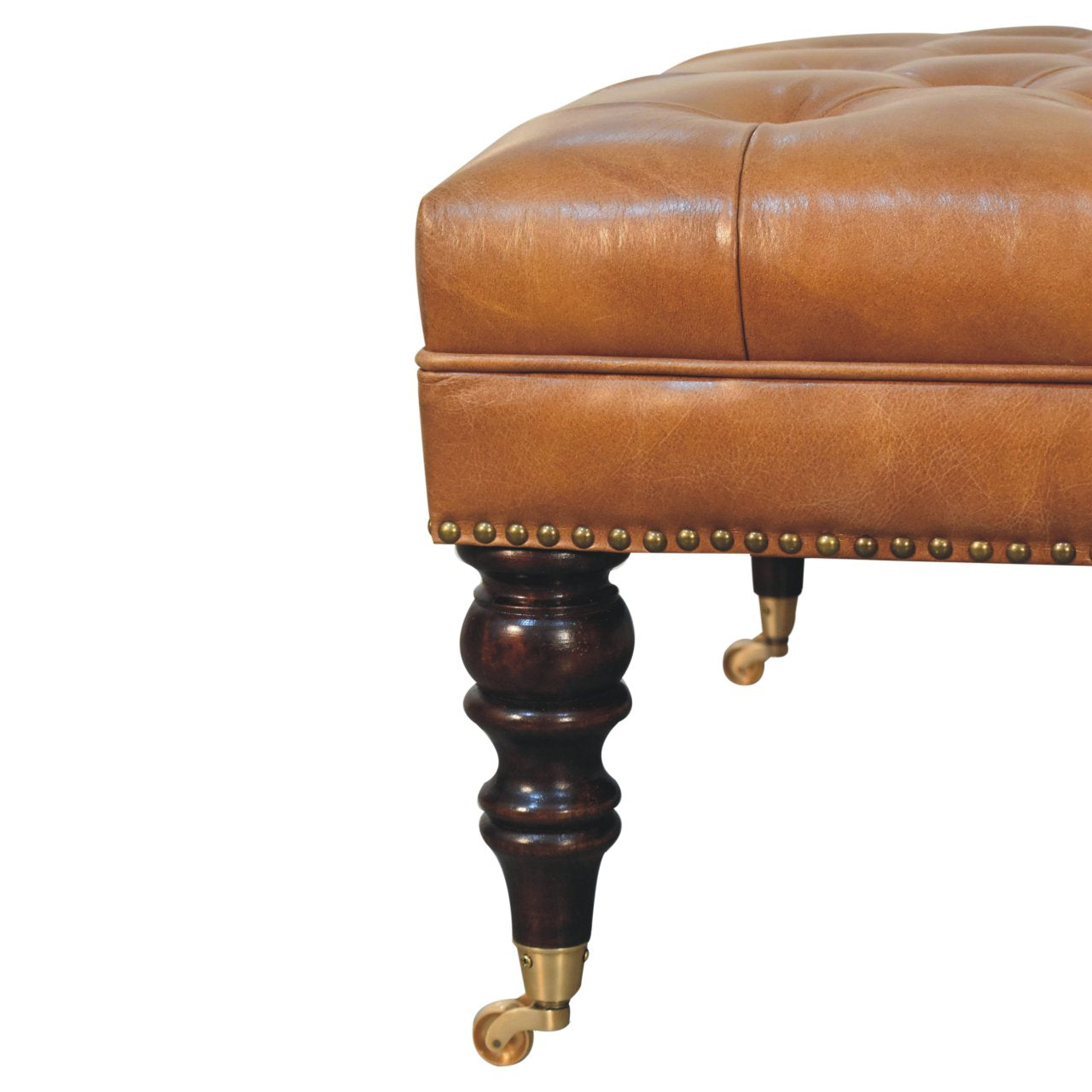 Cote Furniture | Studded Buffalo Tan Leather Ottoman with Castors Footstools IN3925