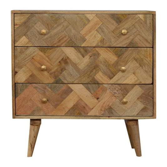 Cote Furniture | Zig-Zag Patterned Patchwork Chest of Drawers 3 Drawer - Oak Chest of Drawers IN272